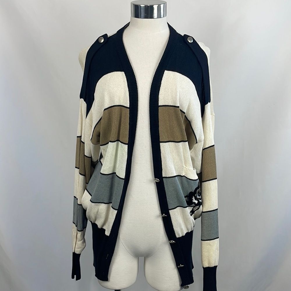 Escada White Tan Green Striped w Flower Cardigan
